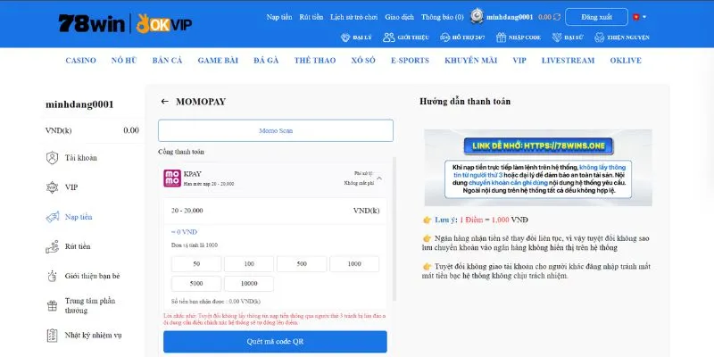 Nạp tiền 78WIN bằng ví điện tử: Momo, Zalopay, VT pay